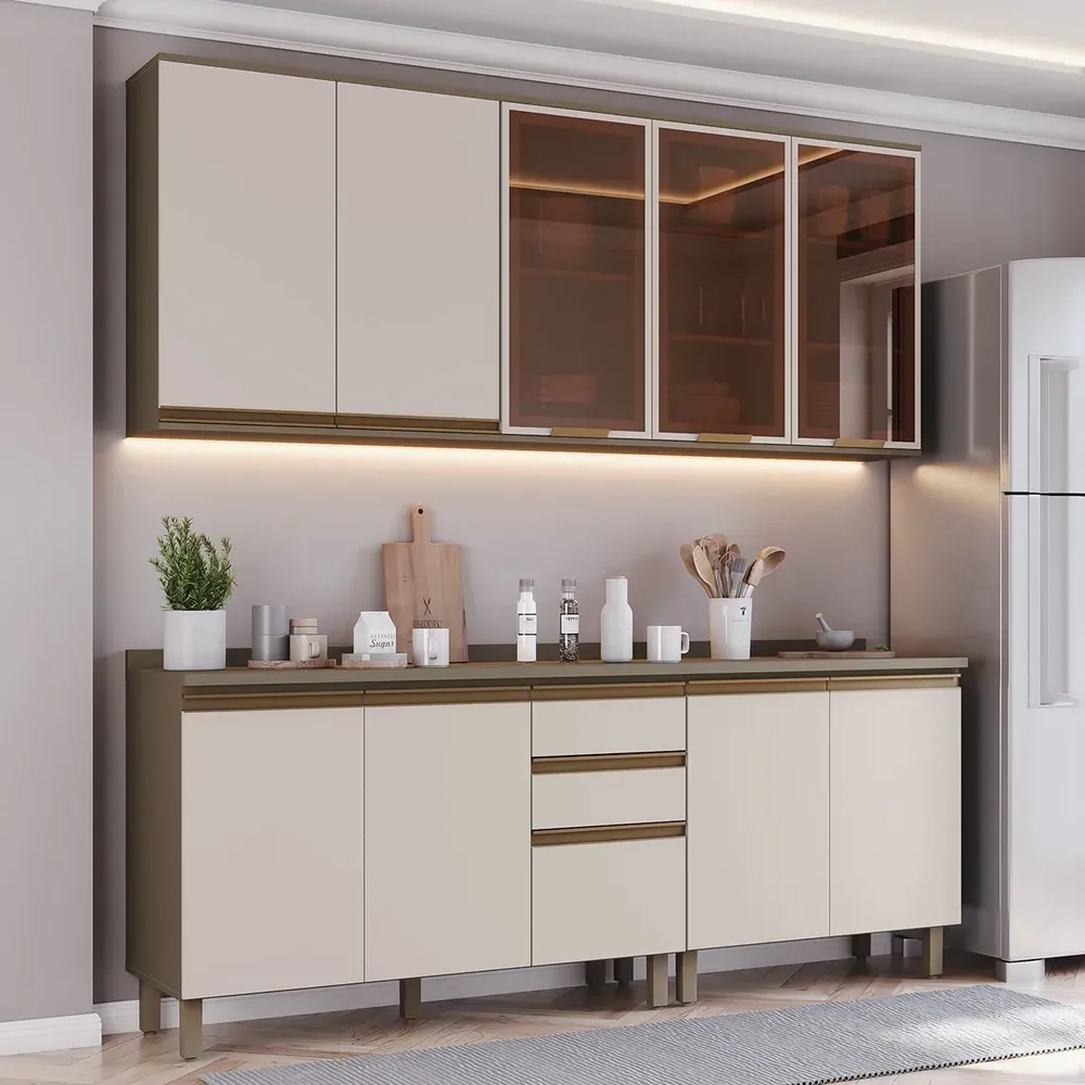 Armário de Cozinha Compacta Reflecta 10 Portas 2 Gavetas com Vidro 100% MDF Duna/Cristal - Henn - 1