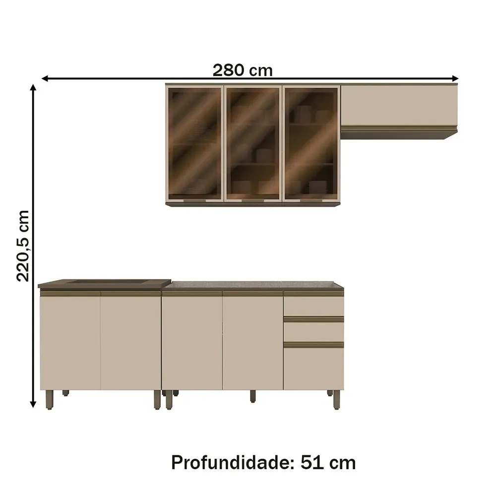 Armário de Cozinha Compacta Connect 9 Portas 2 Gavetas com Vidro 100% MDF Duna/Cristal - Henn - 3