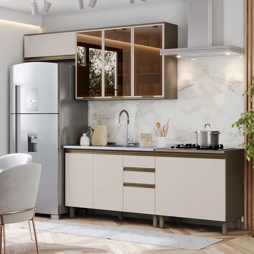 Armário de Cozinha Compacta Connect 9 Portas 2 Gavetas com Vidro 100% MDF Duna/Cristal - Henn - 1