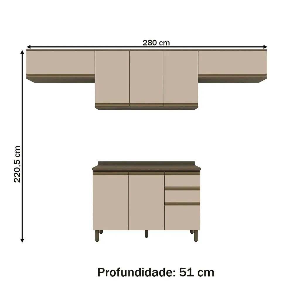 Armário de Cozinha Compacta Connect 8 Portas 2 Gavetas 100% MDF Duna/Cristal - Henn - 3