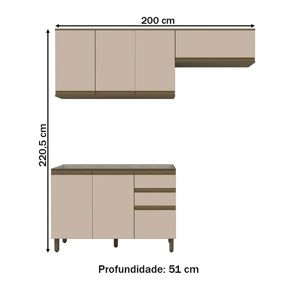 Armário de Cozinha Compacta Connect 7 Portas 2 Gavetas 100% MDF Duna/Cristal - Henn - 3