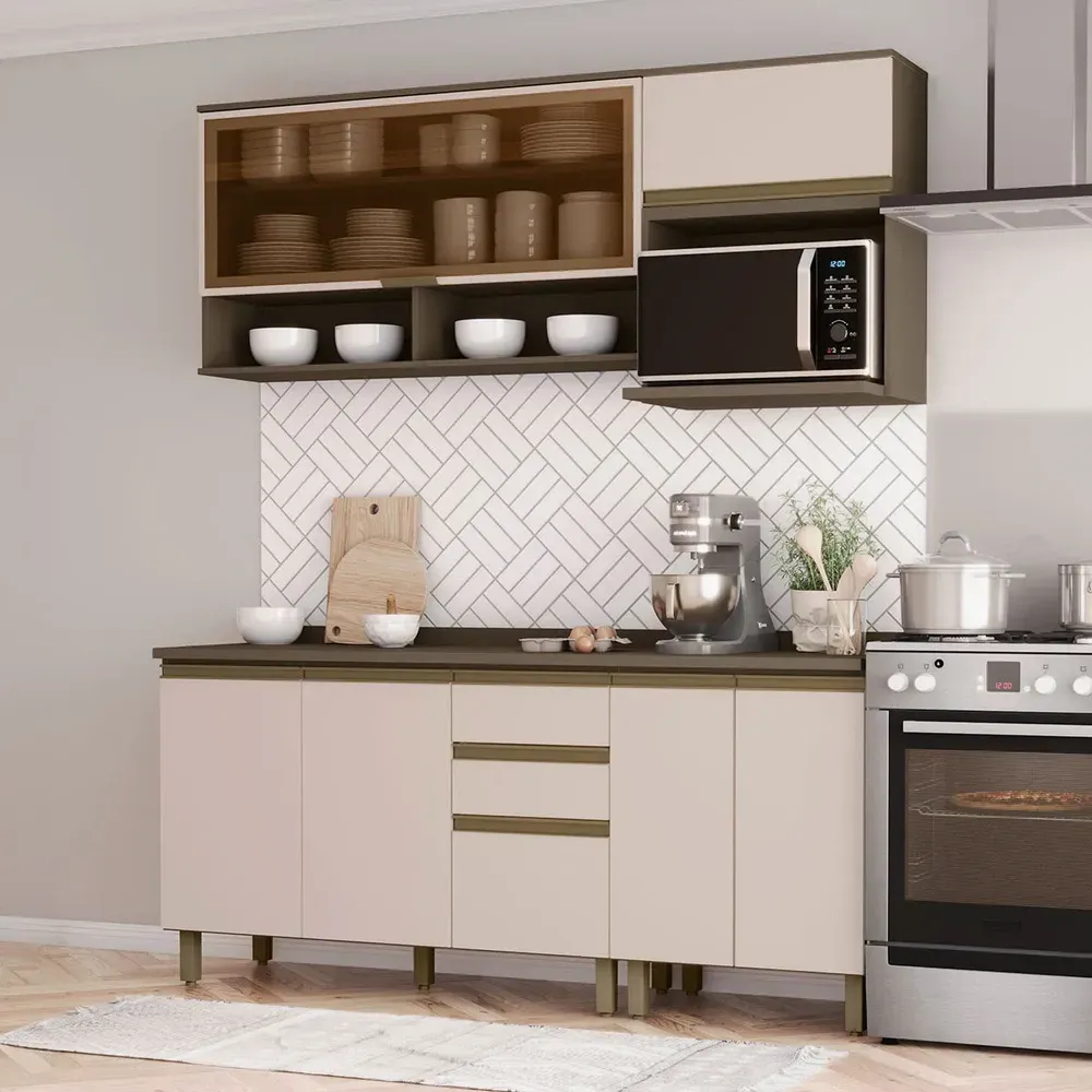 Armário de Cozinha Compacta Connect 7 Portas 2 Gavetas 100% MDF com Vidro Duna/Cristal - Henn - 1
