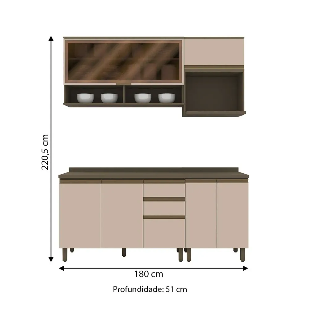 Armário de Cozinha Compacta Connect 7 Portas 2 Gavetas 100% MDF com Vidro Duna/Cristal - Henn - 3