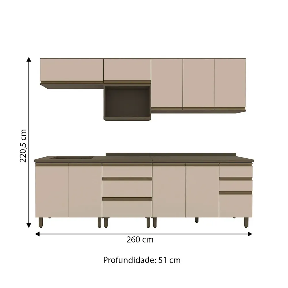 Armário de Cozinha Completa Connect 10 Portas 5 Gavetas 100% MDF Duna/Cristal - Henn - 3