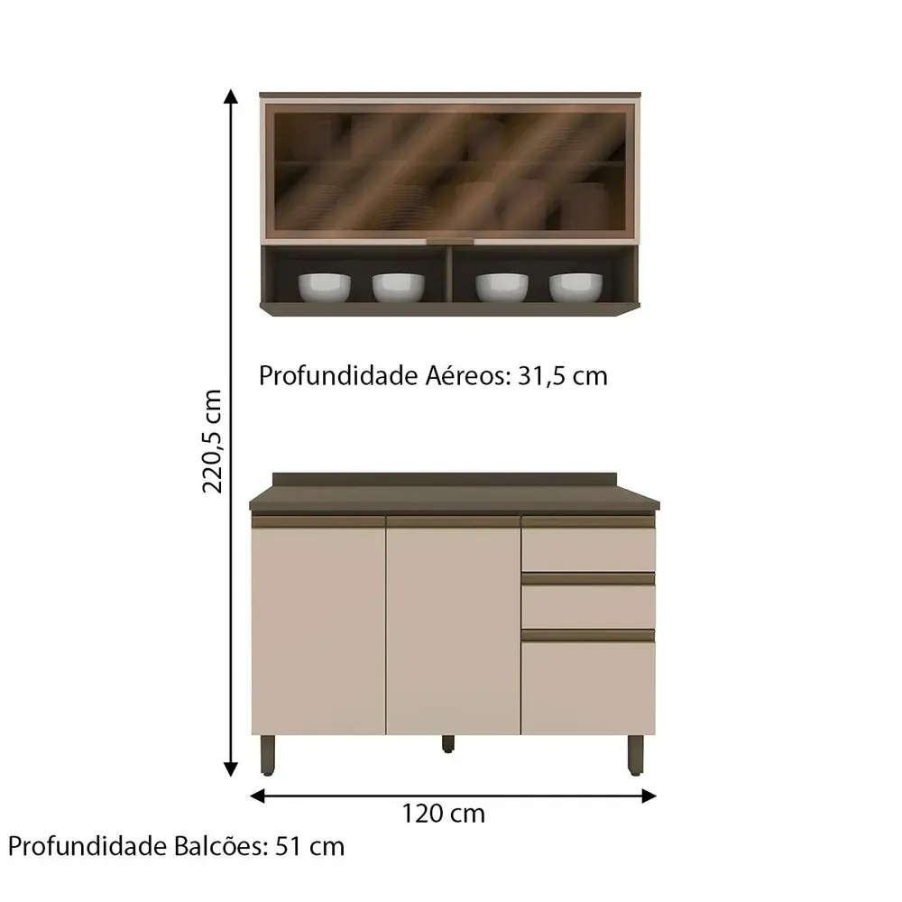 Armário de Cozinha Compacta Connect 4 Portas 2 Gavetas com Vidro 100% MDF Duna/Cristal - Henn - 3