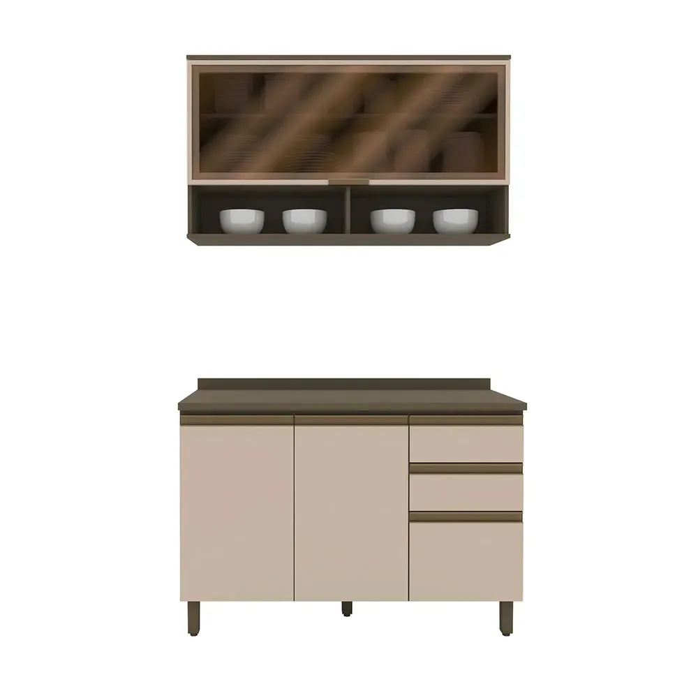 Armário de Cozinha Compacta Connect 4 Portas 2 Gavetas com Vidro 100% MDF Duna/Cristal - Henn - 2