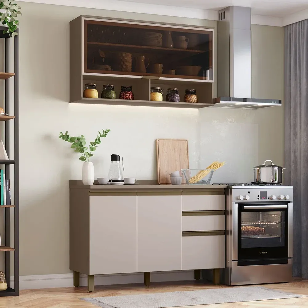 Armário de Cozinha Compacta Connect 4 Portas 2 Gavetas com Vidro 100% MDF Duna/Cristal - Henn - 1