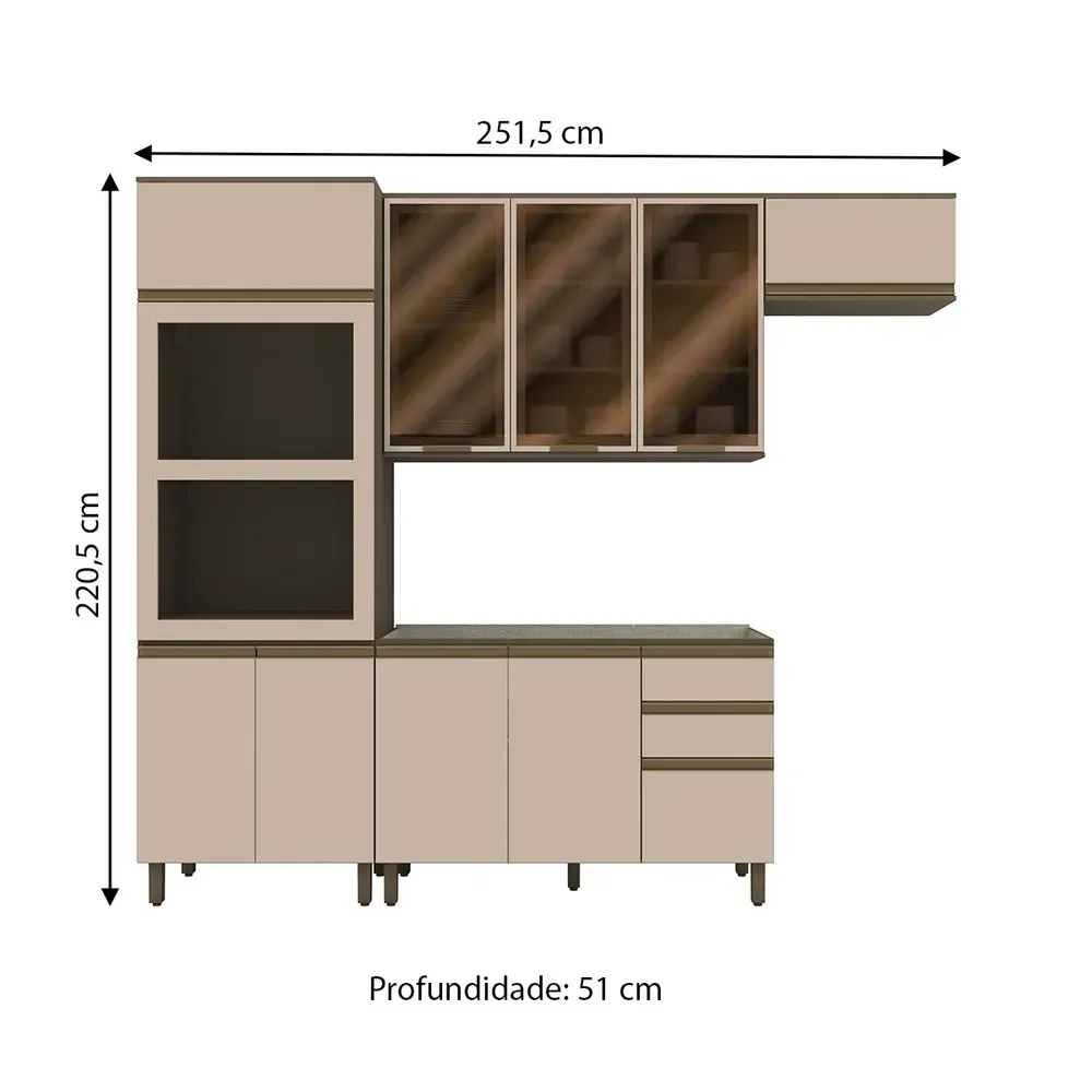 Armário de Cozinha Completa 10 Portas 2 Gavetas com Vidro 100% MDF Duna/Cristal - Henn - 3