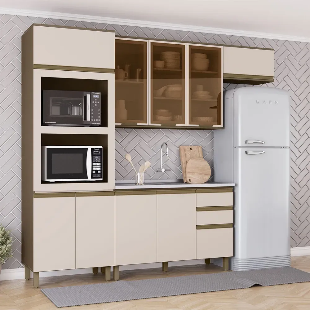 Armário de Cozinha Completa 10 Portas 2 Gavetas com Vidro 100% MDF Duna/Cristal - Henn - 1