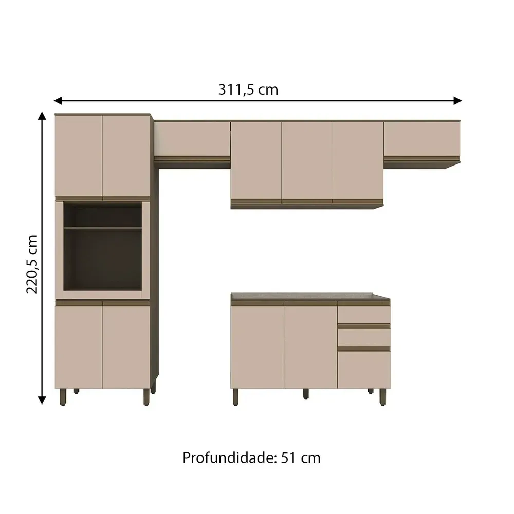 Armário de Cozinha Completa Connect 12 Portas 2 Gavetas 100% MDF Duna/Cristal - Henn - 3