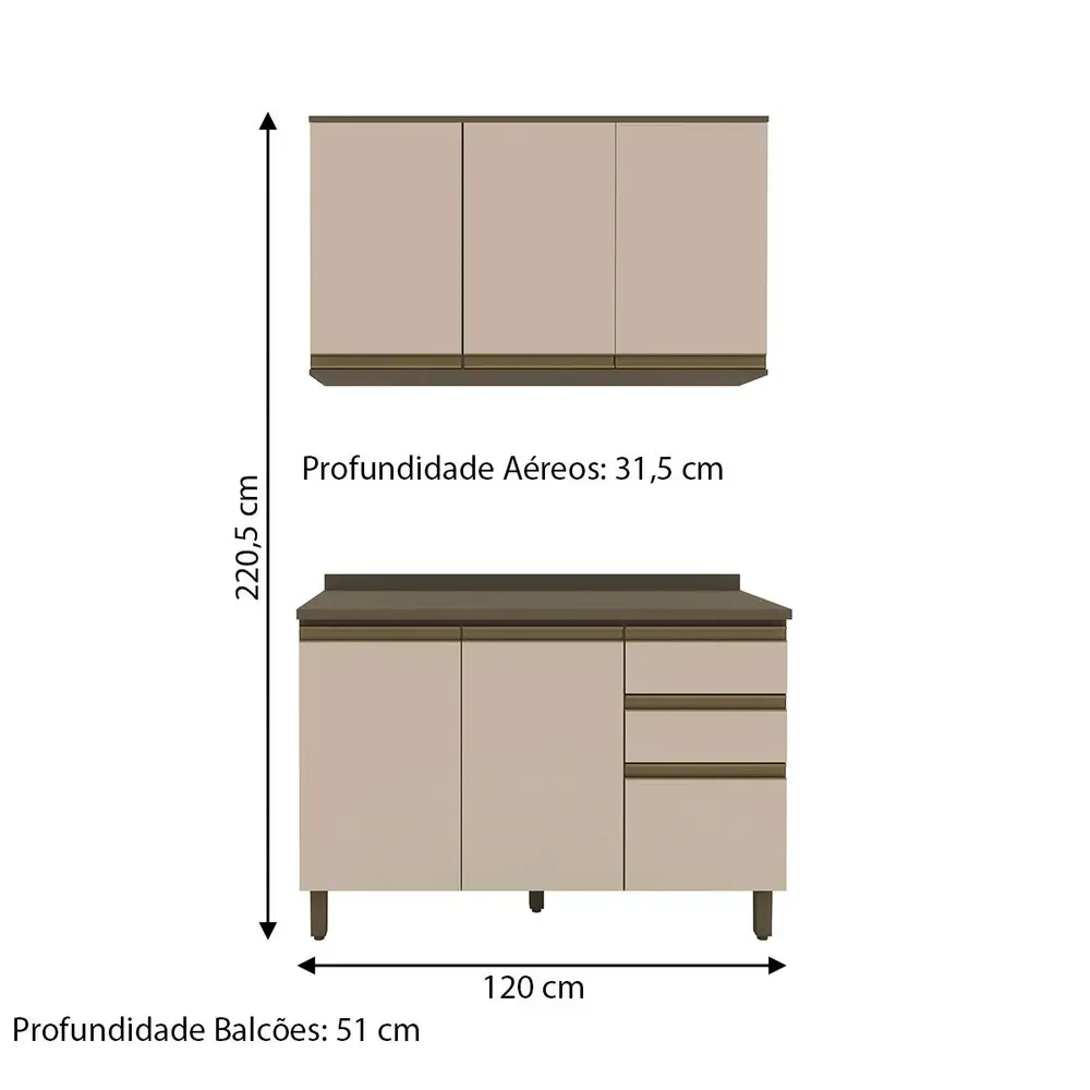 Armário de Cozinha Compacta Connect 6 Portas 2 Gavetas 100% MDF Duna/Cristai - Henn - 3