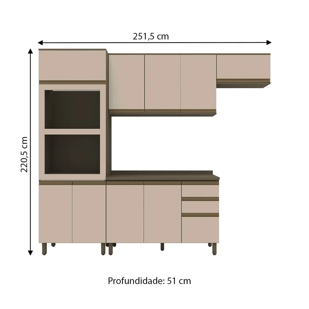 Armário de Cozinha Compacta Connect 10 Portas 2 Gavetas 100% MDF Duna/Cristal - Henn - 3