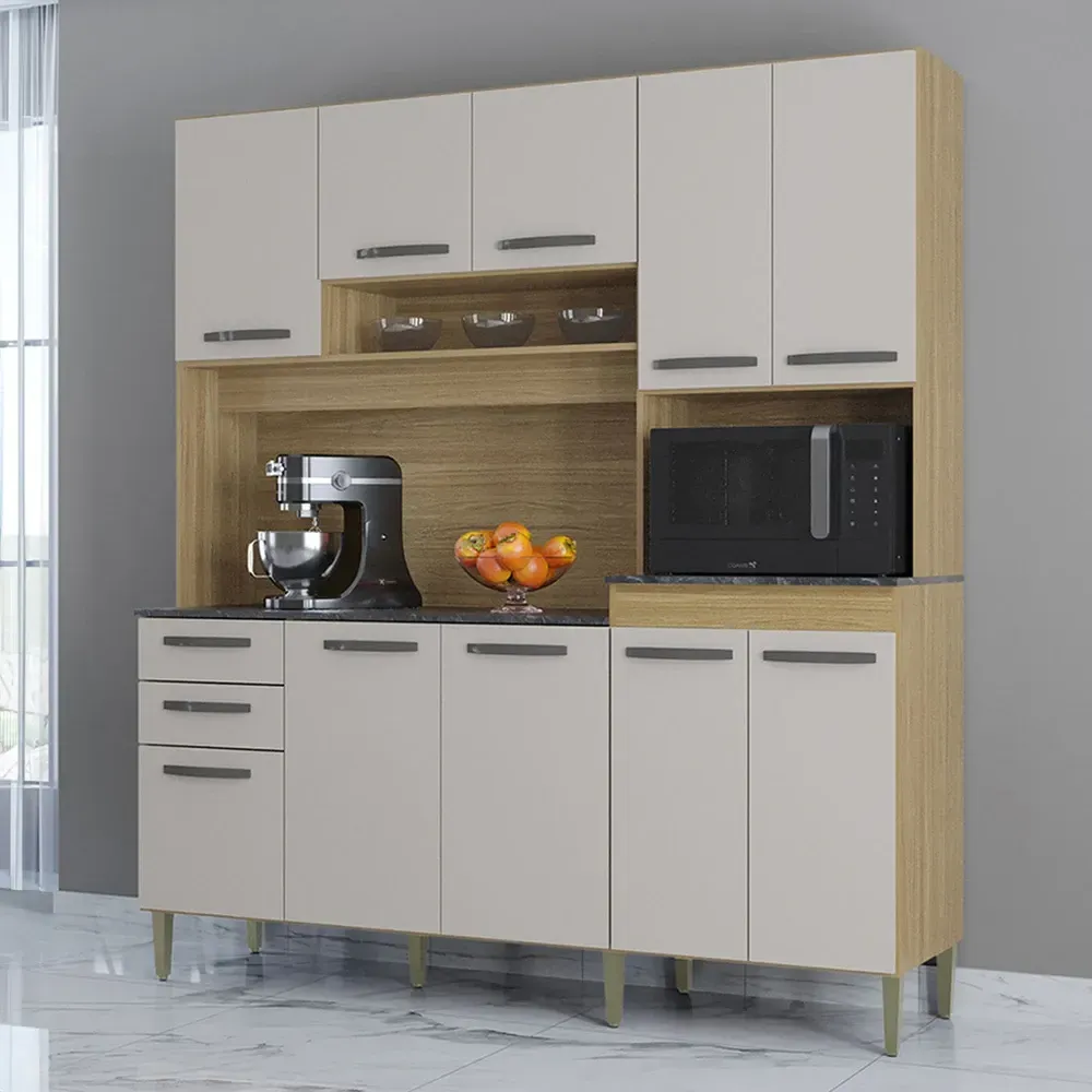 Armário de Cozinha Compacta Elisa 10 Portas 2 Gavetas Damasco/Off White - Poquema - 1