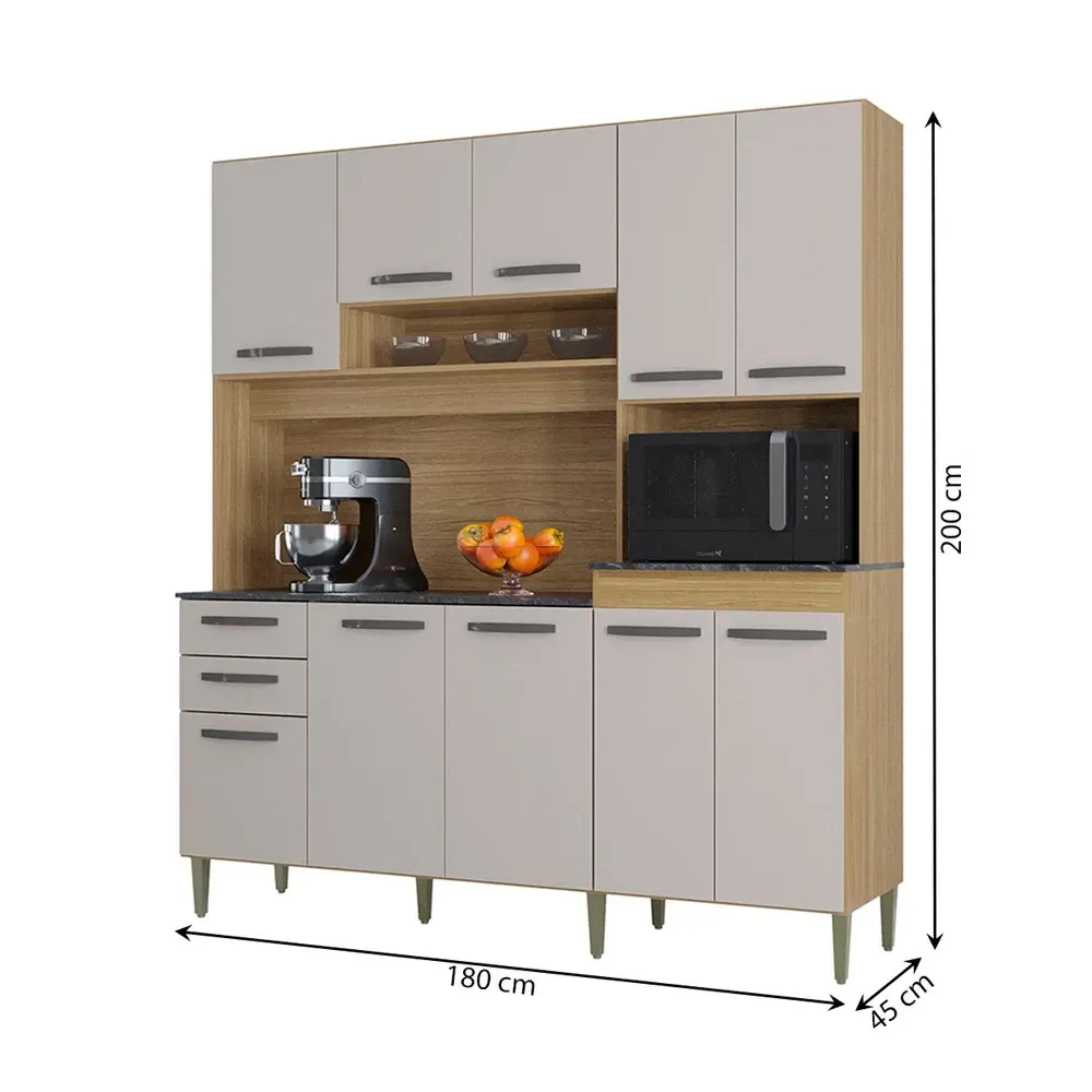 Armário de Cozinha Compacta Elisa 10 Portas 2 Gavetas Damasco/Off White - Poquema - 3