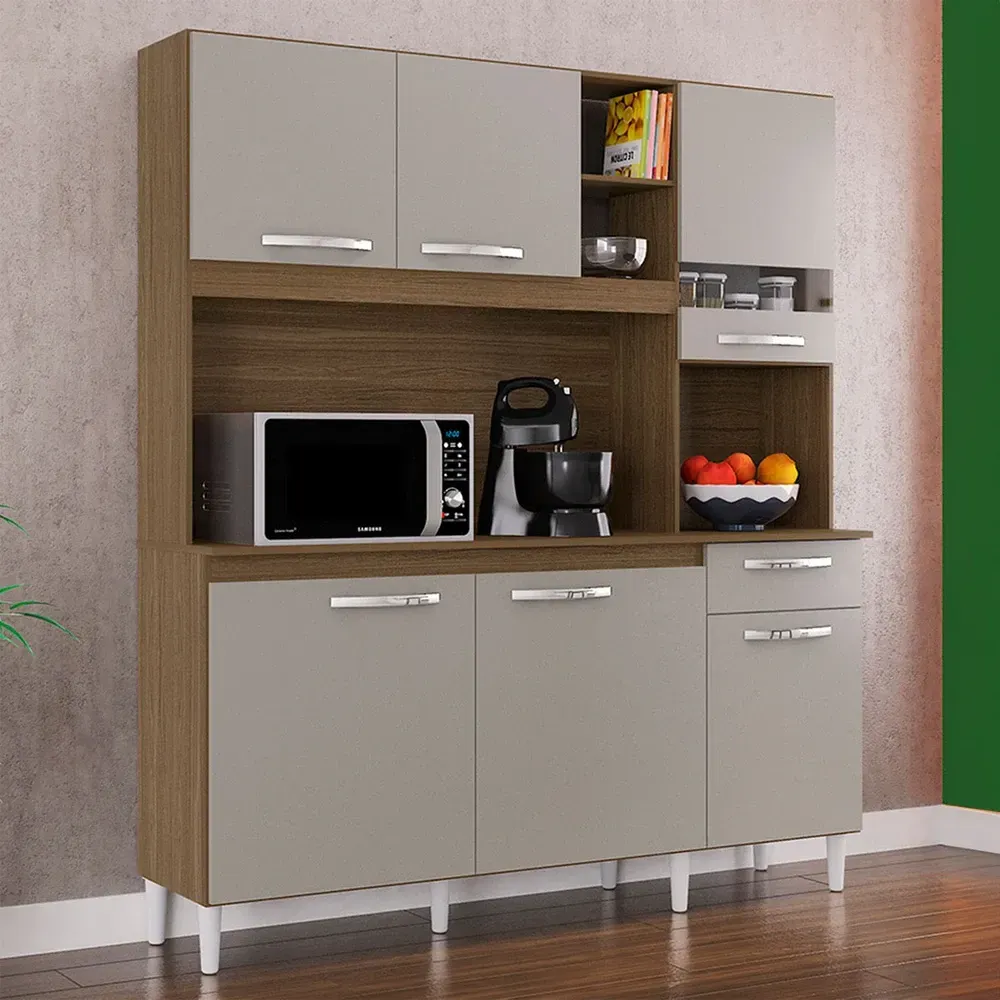 Armário de Cozinha Compacta Barbara 6 Portas 1 Gaveta Castanho/Off White - Poquema - 1