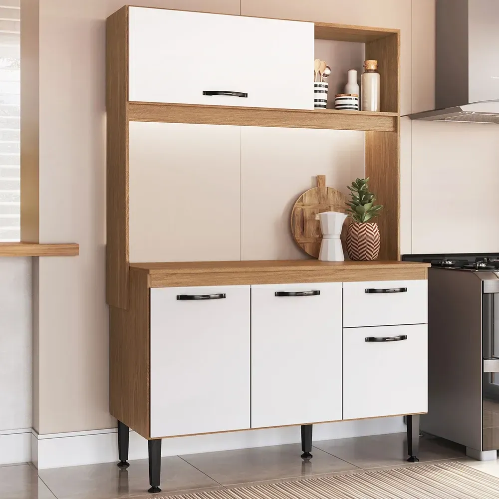 Armário de Cozinha Compacta Gaby 4 Portas 1 Gaveta com Tampo Freijó/Branco - Pnr Móveis - 1