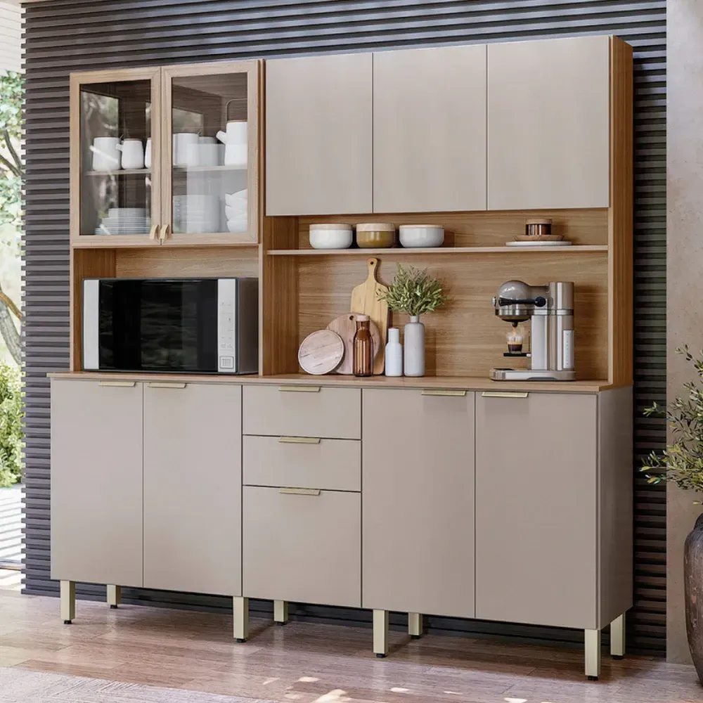 Armário de Cozinha Compacta Pitanga 10 Portas 2 Gavetas Amêndola Touch/Nude Prime - Pnr Móveis - 1