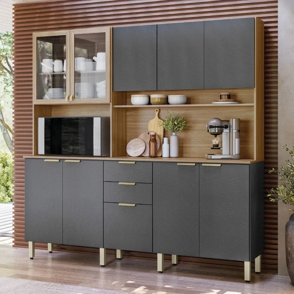 Armário de Cozinha Compacta Pitanga 10 Portas 2 Gavetas Amêndola Touch/Grafito Prime - Pnr Móveis - 1