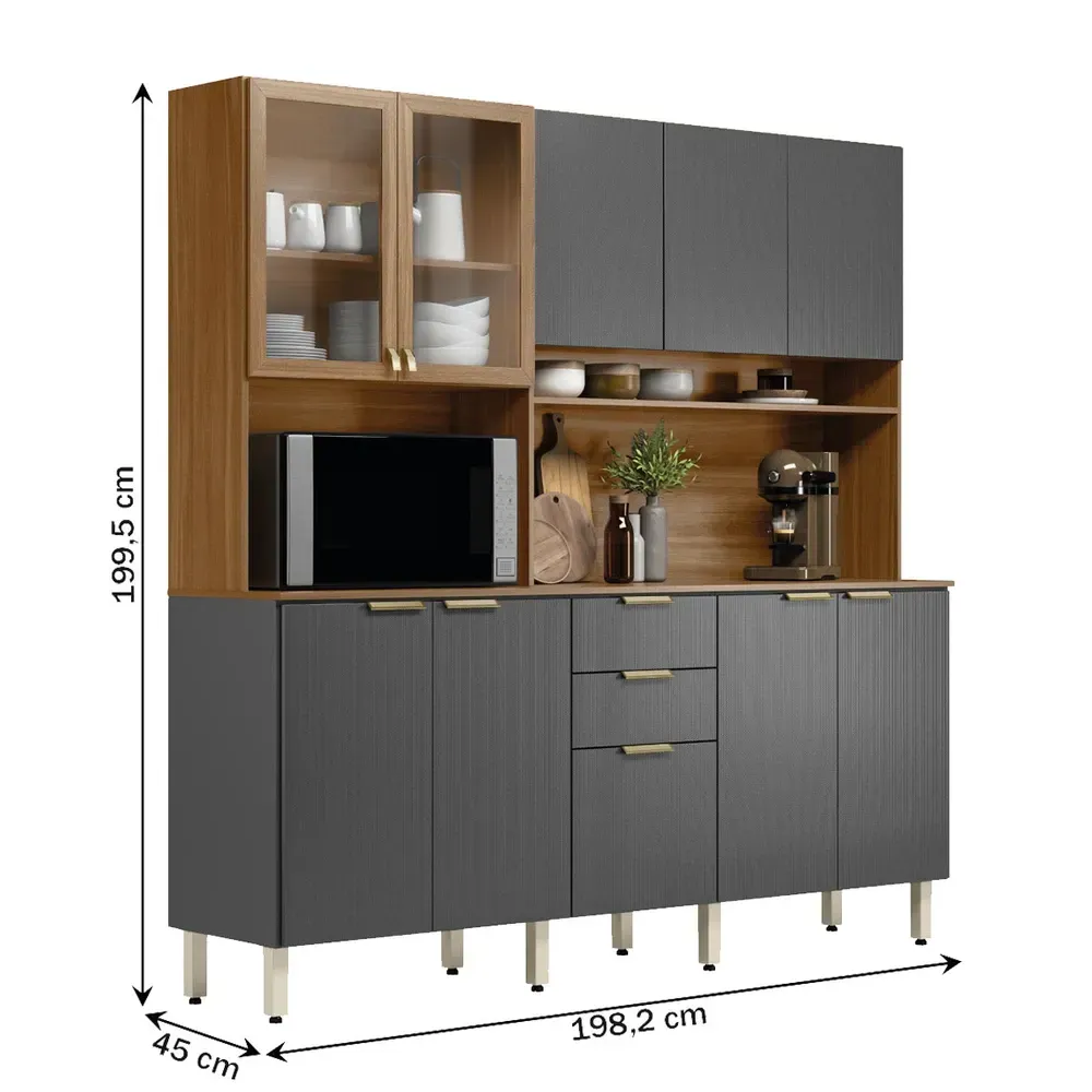 Armário de Cozinha Compacta Pitanga 10 Portas 2 Gavetas Amêndola Touch/Grafito Prime - Pnr Móveis - 3