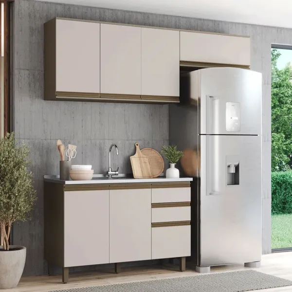 Armário de Cozinha Compacta Genius 7 Portas 2 Gavetas 100% Mdf Duna/Cristal - Pnr Móveis