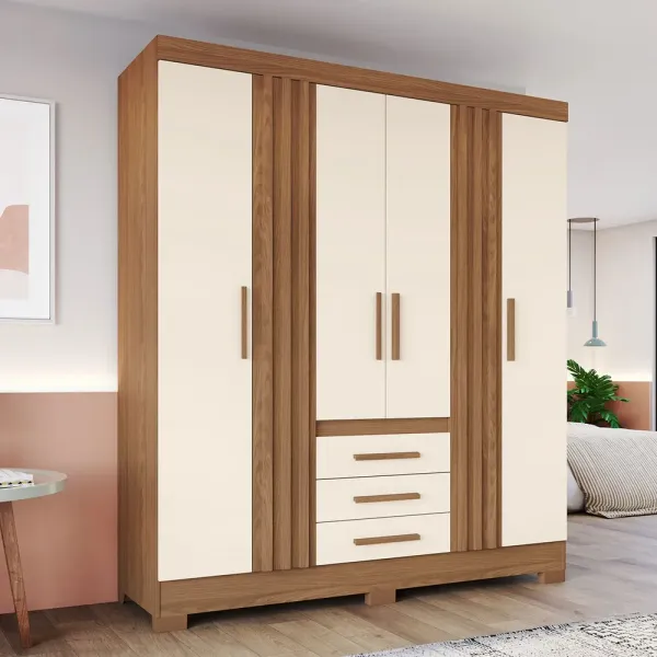 Guarda Roupa Casal 4 Portas 3 Gavetas Ripado Nature/Off White - Briz
