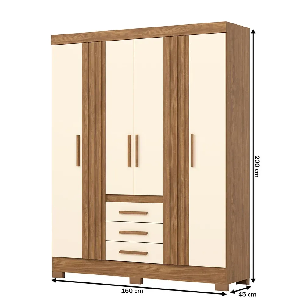 Guarda Roupa Casal 4 Portas 3 Gavetas Ripado Nature/Off White - Briz - 3
