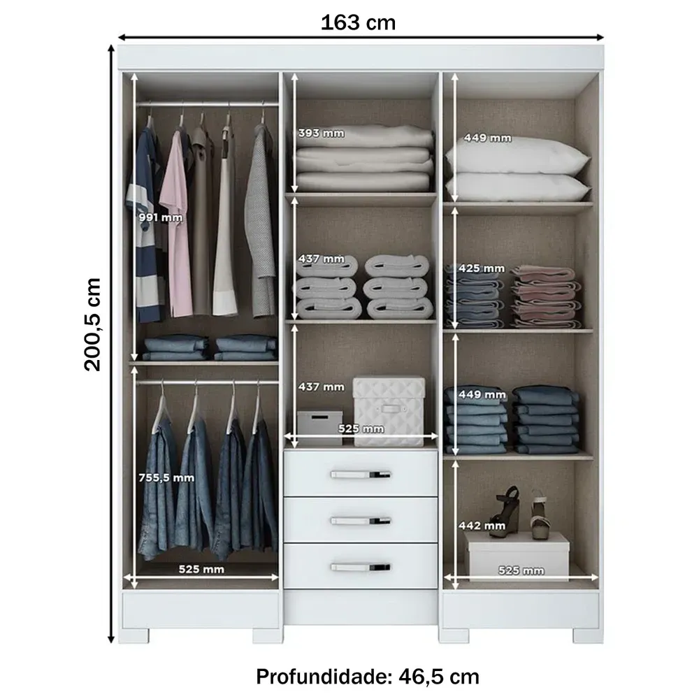 Guarda Roupa Casal 6 Portas 3 Gavetas Branco - Briz - 3