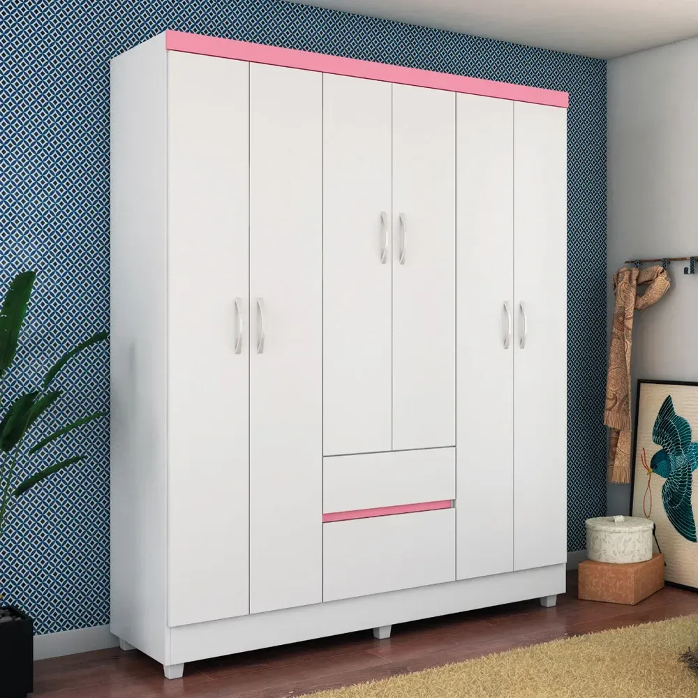 Guarda Roupa Casal Flash II 6 Portas 2 Gavetas Flex Branco/Rosa - Demóbile - 1