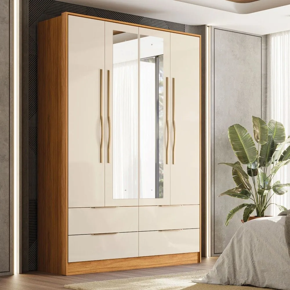 Guarda Roupa Casal Domo 4 Portas 4 Gavetas com Espelho Cinamomo/Off White - Demóbile - 1