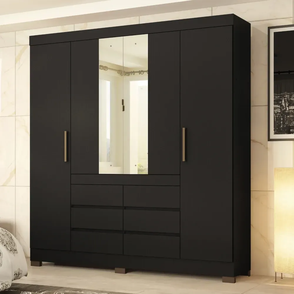 Guarda Roupa Casal Cádis 4 Portas 6 Gavetas com Espelho Preto/Amêndola - Demóbile - 1