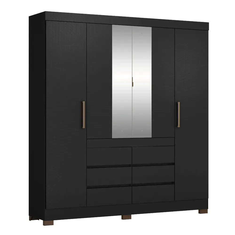 Guarda Roupa Casal Cádis 4 Portas 6 Gavetas com Espelho Preto/Amêndola - Demóbile - 2