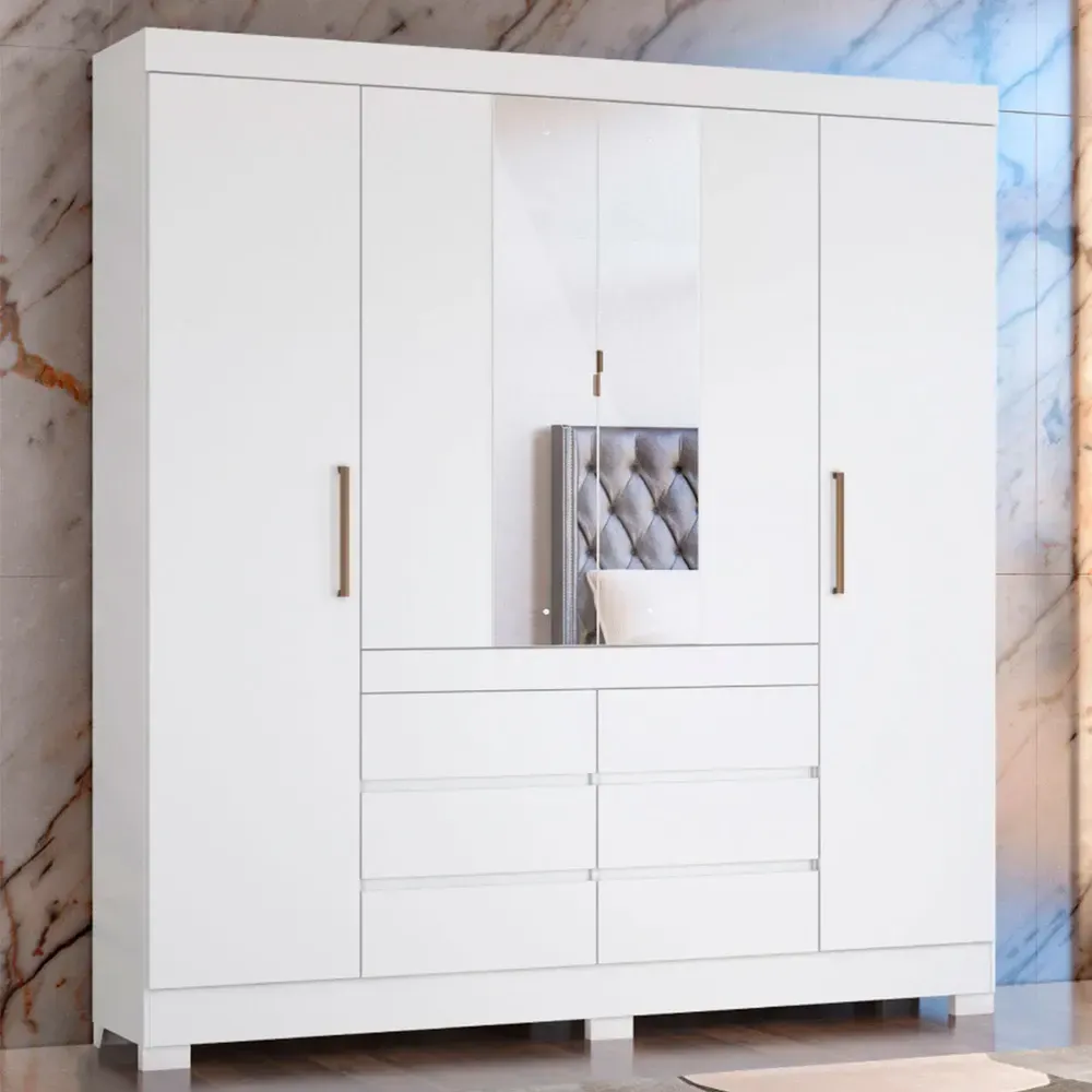 Guarda Roupa Casal Cádis 4 Portas 6 Gavetas com Espelho Branco - Demóbile - 1