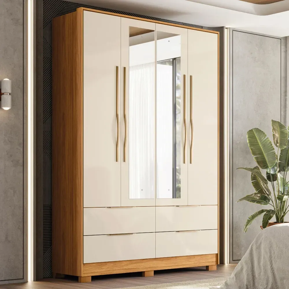 Guarda Roupa Casal Domo 4 Portas 4 Gavetas com Espelho Cinamomo/Off White - Demóbile - 1