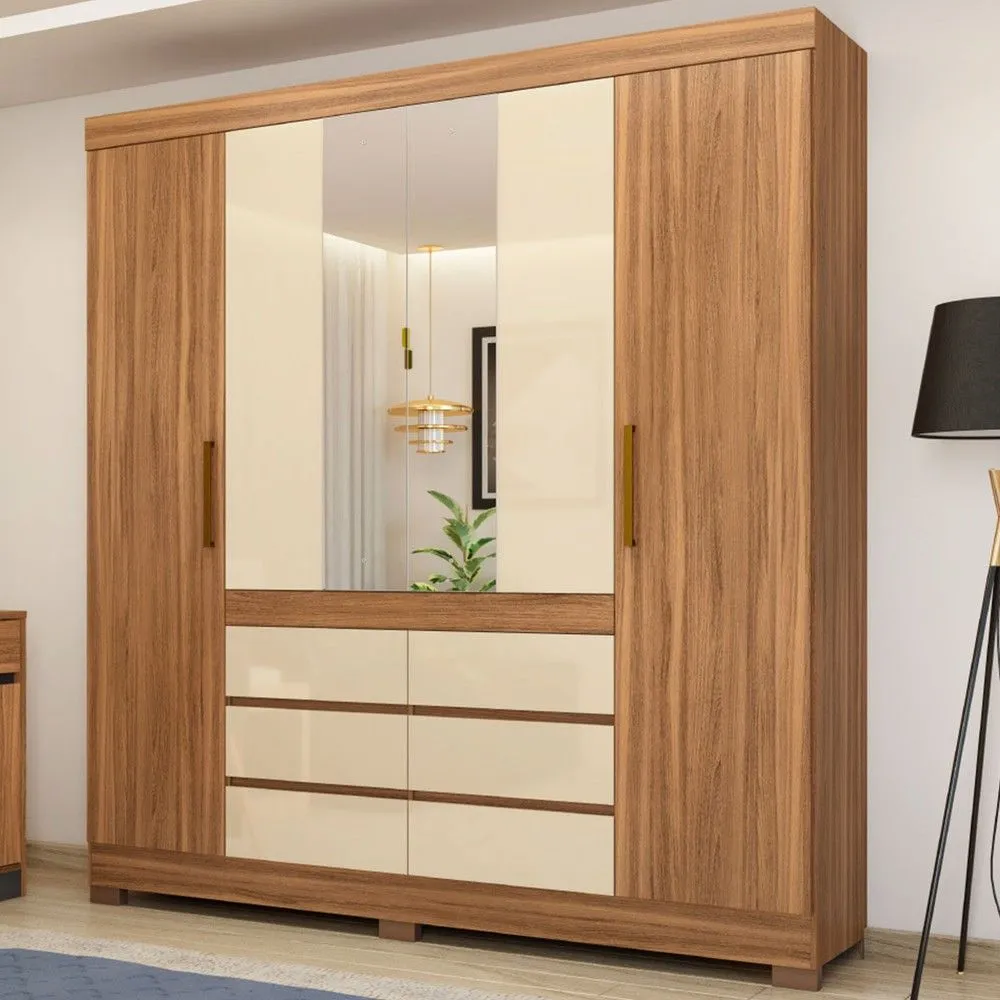 Guarda Roupa Casal Cádis 4 Portas 6 Gavetas com Espelho Amêndola Touch/Off White - Demóbile - 1