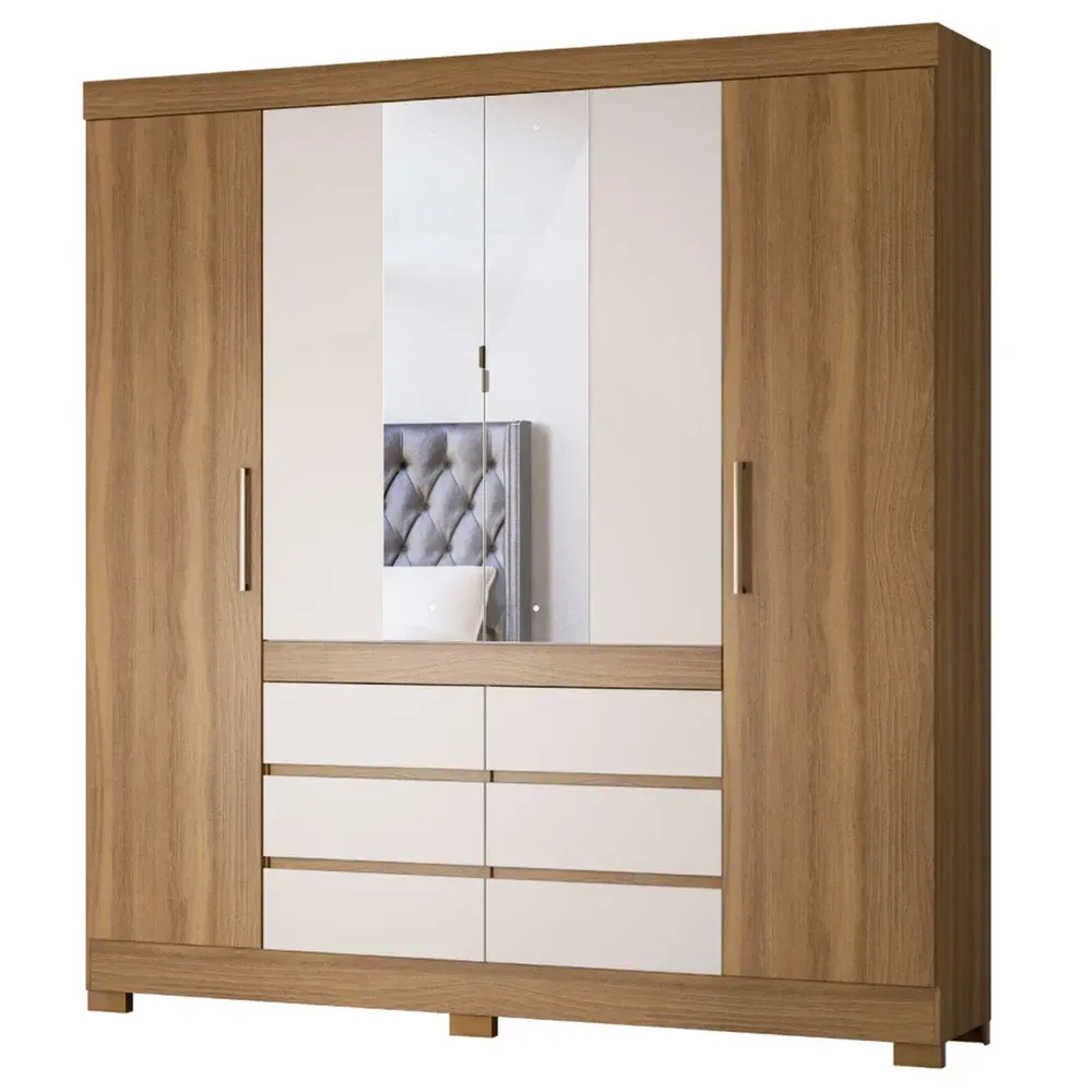 Guarda Roupa Casal Cádis 4 Portas 6 Gavetas com Espelho Amêndola Touch/Off White - Demóbile - 2