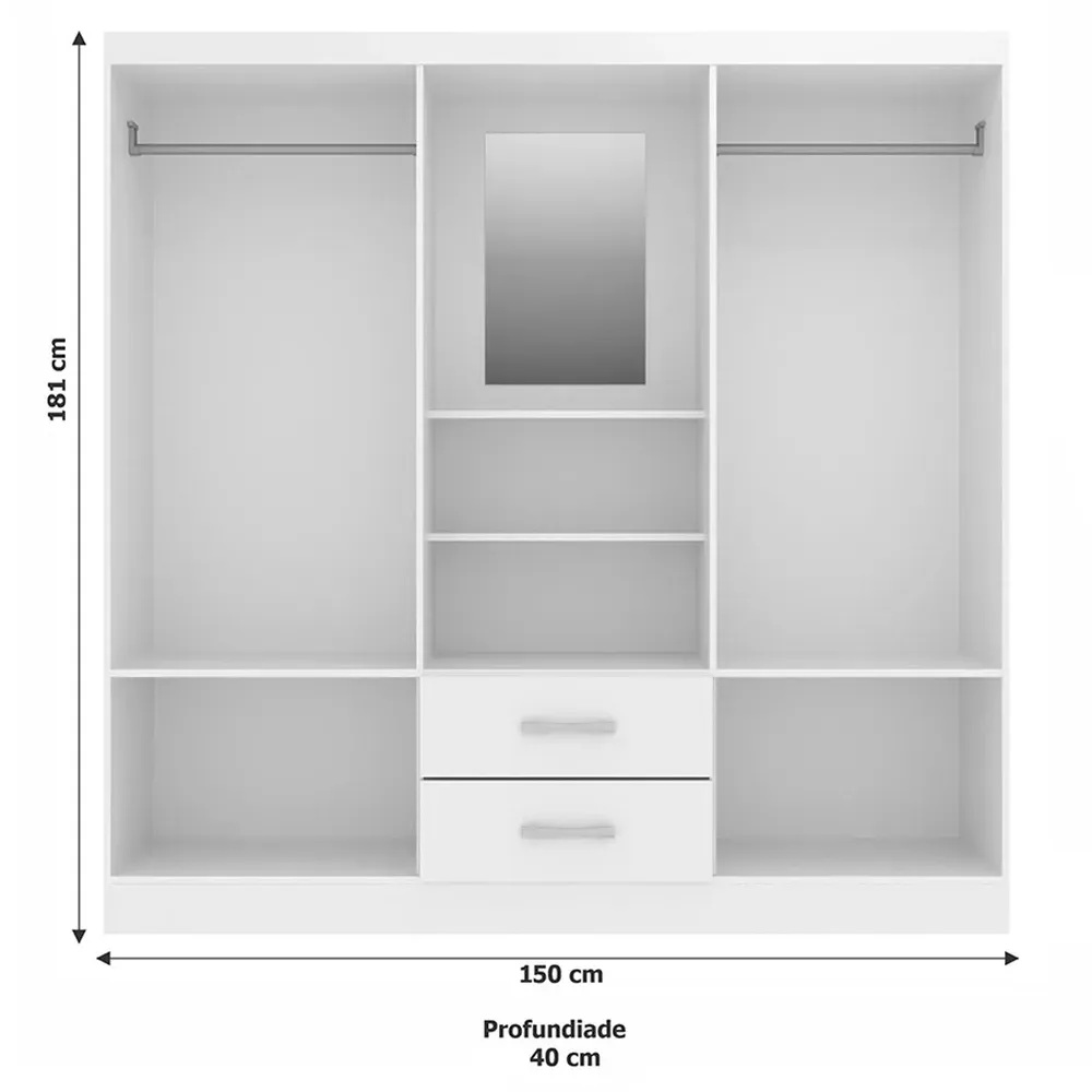 Guarda Roupa Casal Capelinha 4 Portas 2 Gavetas com Espelho Branco - Evidencia Móveis - 3