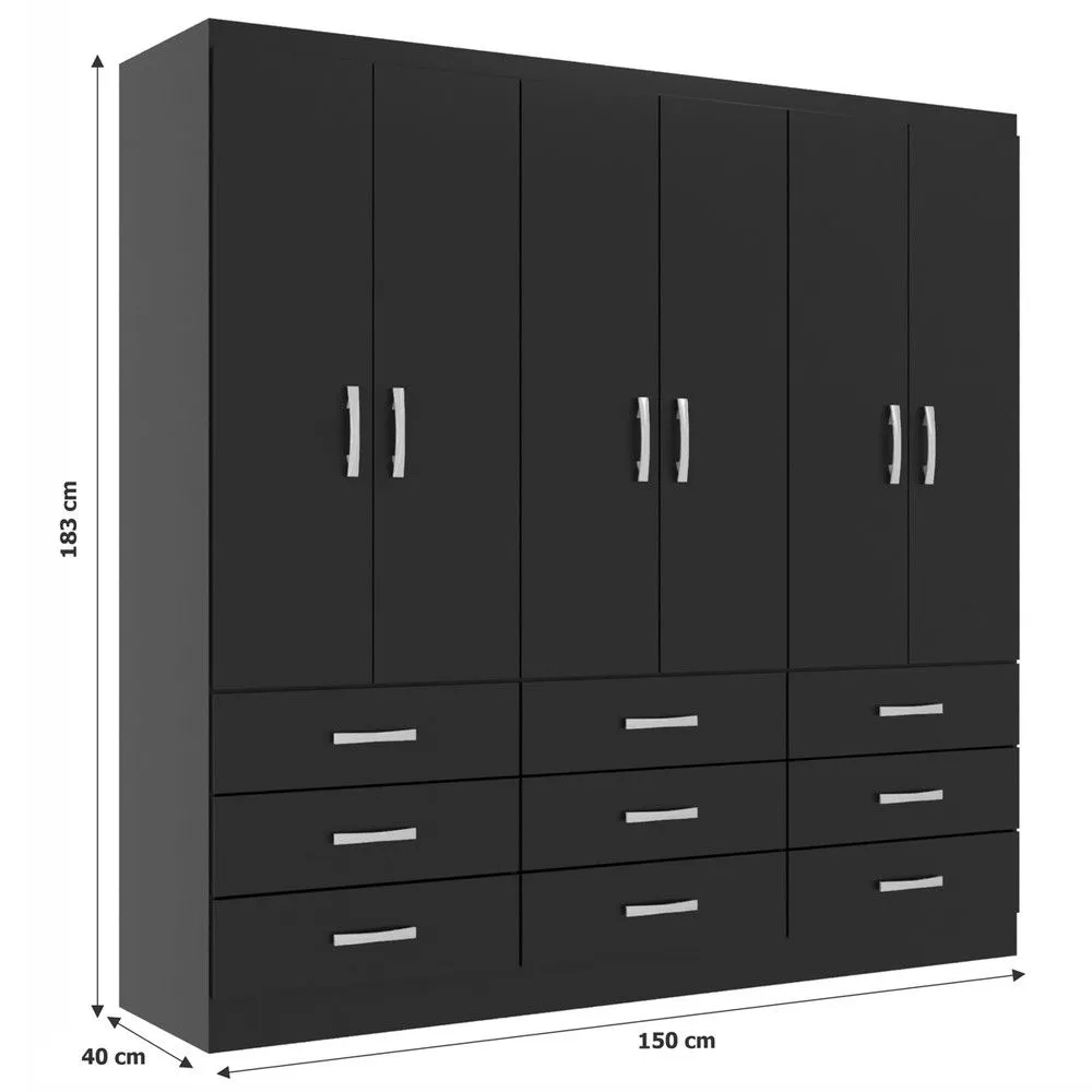 Guarda Roupa Casal Bergamo 6 Portas 9 Gavetas Preto - Evidencia Móveis - 3