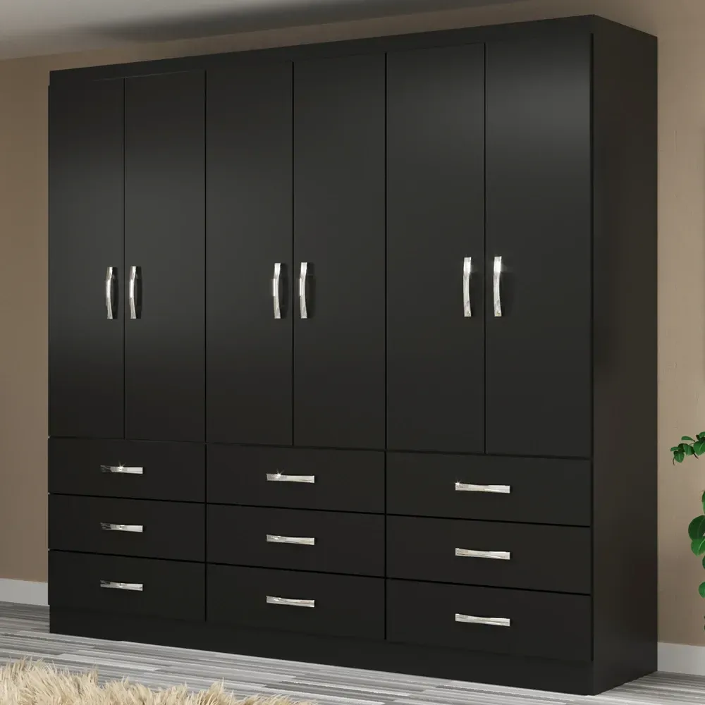 Guarda Roupa Casal Bergamo 6 Portas 9 Gavetas Preto - Evidencia Móveis - 1