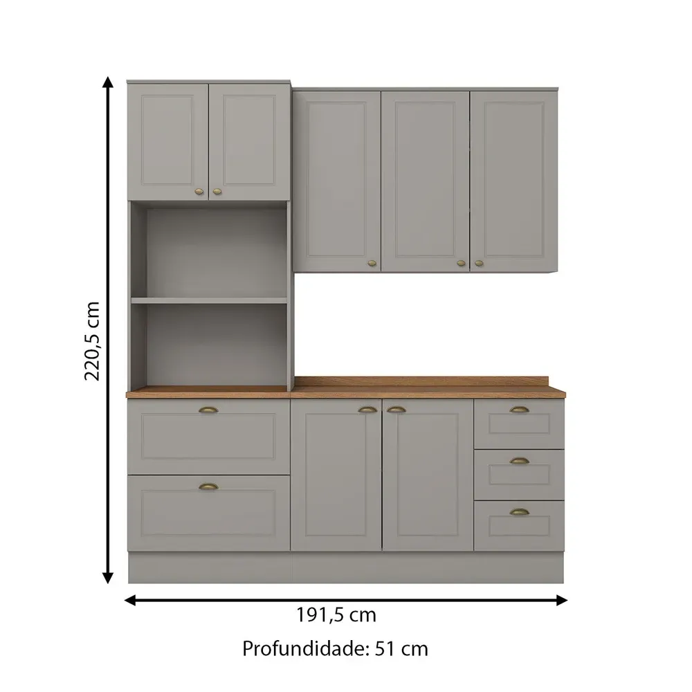 Armário de Cozinha Completa Americana 7 Portas 5 Gavetas 100% MDF Cinza/Nature - Henn - 3