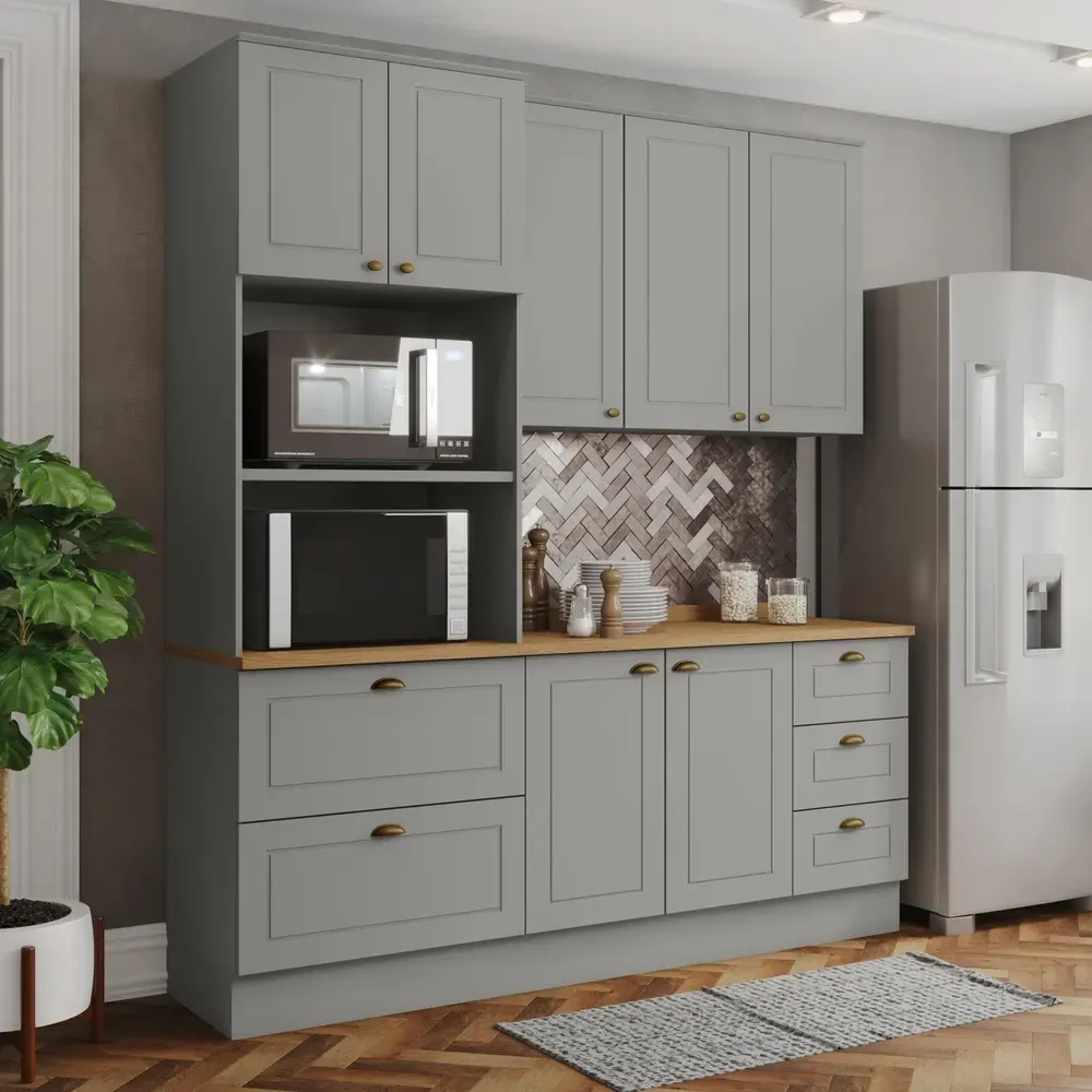 Armário de Cozinha Completa Americana 7 Portas 5 Gavetas 100% MDF Cinza/Nature - Henn - 1