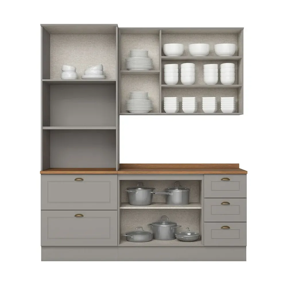 Armário de Cozinha Completa Americana 7 Portas 5 Gavetas 100% MDF Cinza/Nature - Henn - 2