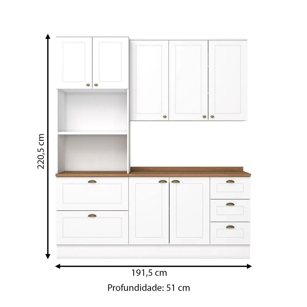 Armário de Cozinha Completa Americana 7 Portas 5 Gavetas 100% MDF Branco Hp/Nature - Henn - 3