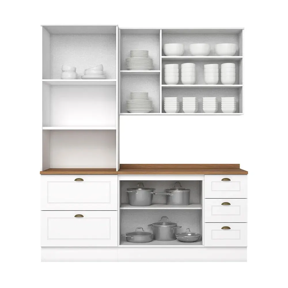 Armário de Cozinha Completa Americana 7 Portas 5 Gavetas 100% MDF Branco Hp/Nature - Henn - 2