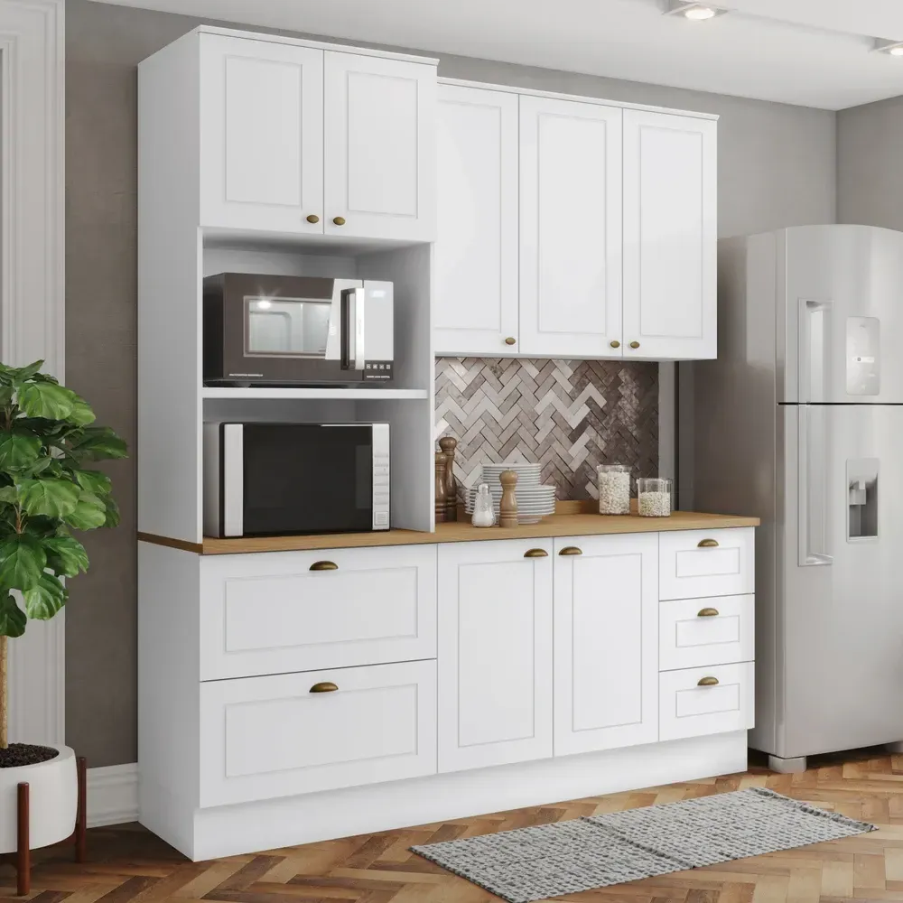 Armário de Cozinha Completa Americana 7 Portas 5 Gavetas 100% MDF Branco Hp/Nature - Henn - 1