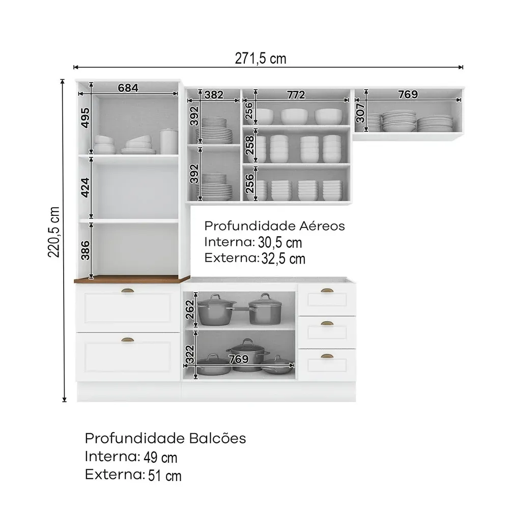 Armário de Cozinha Completa Americana 8 Portas 5 Gavetas Branco - Henn - 3