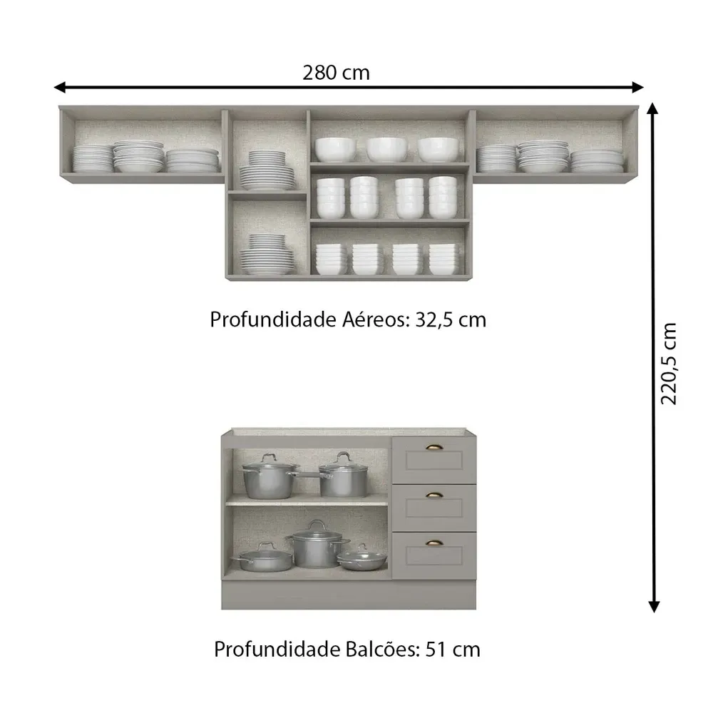 Armário de Cozinha Completa Americana 7 Portas 3 Gavetas 100% MDF Cinza - Henn - 3