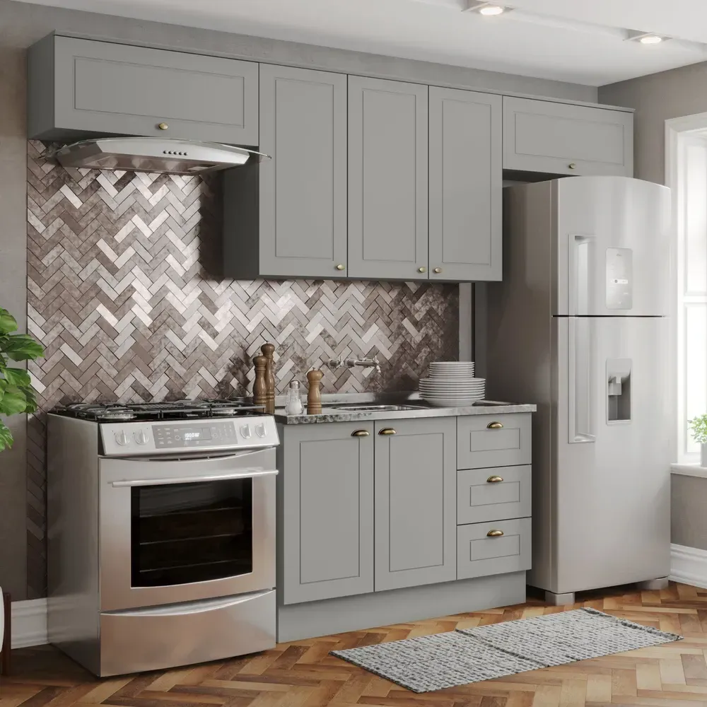 Armário de Cozinha Completa Americana 7 Portas 3 Gavetas 100% MDF Cinza - Henn - 1