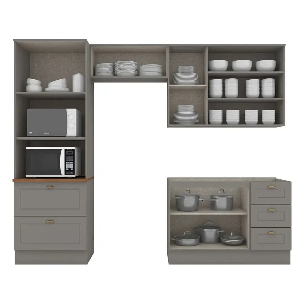 Armário de Cozinha Completa Americana 8 Portas 5 Gavetas com Vidro 100% MDF Cinza/Nature - Henn - 2