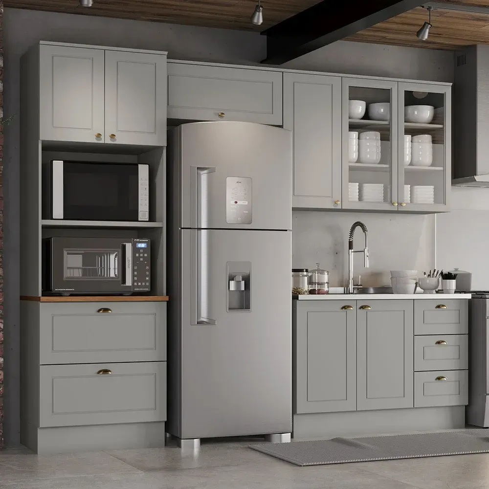 Armário de Cozinha Completa Americana 8 Portas 5 Gavetas com Vidro 100% MDF Cinza/Nature - Henn - 1