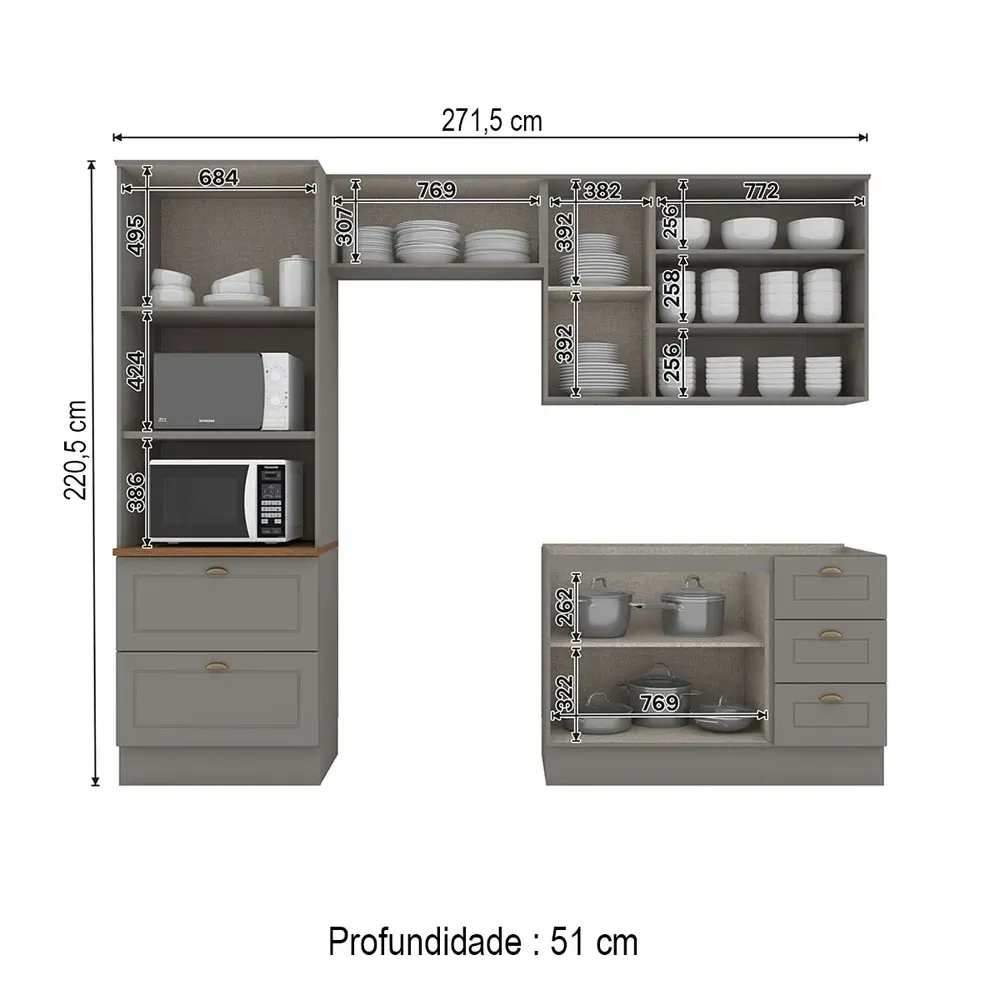 Armário de Cozinha Completa Americana 8 Portas 5 Gavetas com Vidro 100% MDF Cinza/Nature - Henn - 3